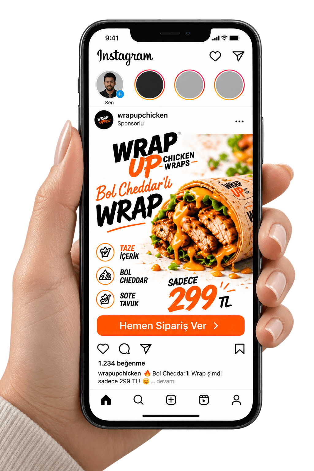 WrapUp Instagram reklamı telefon görünümü